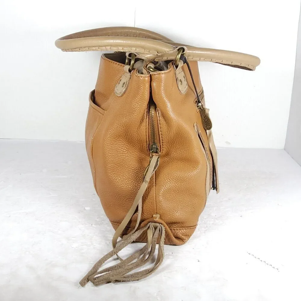 Muxo By Camila Alves Brown Leather Fringe Logo Handbag Purse Bag